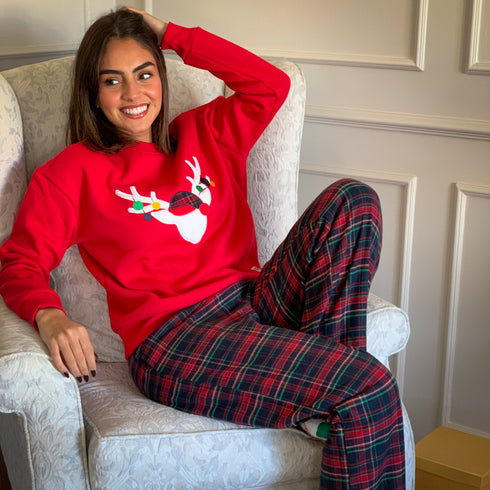 Women Winter Pajama Set Red deer Hoodie + Dark Blue x Red Checkered Pants